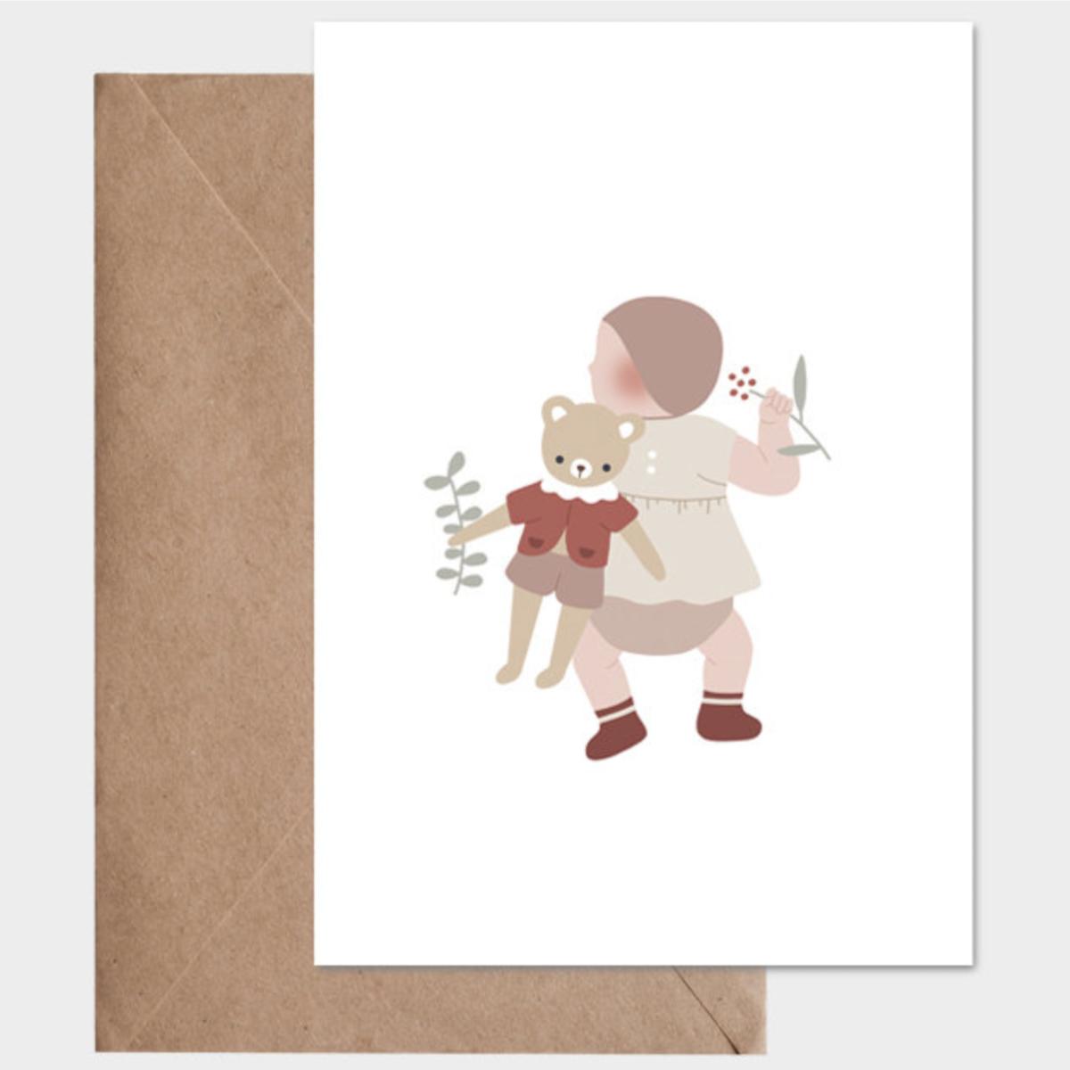 Carte postale avec enveloppe Atelier Oranger - bébé et son doudou