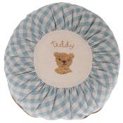 Coussin maileg rond brodé - ours teddy vichy bleu