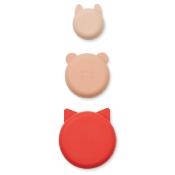 3 bols animaux silicone - apple red / rose multi mix