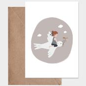 Carte postale avec enveloppe - L'enfant et l'hirondelle gris rosé