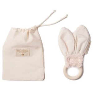 Anneau dentition Hochet lapin bois bio rose NOBODINOZ www.little-home.fr Cadeau naissance Montessori