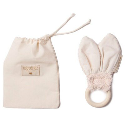 Anneau dentition Hochet lapin bois bio rose NOBODINOZ www.little-home.fr Cadeau naissance Montessori