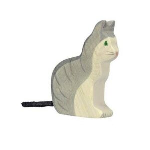 Figurine animal en bois - chat assis gris HOLZTIGER