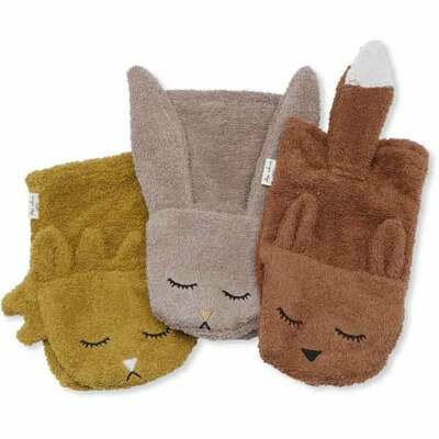 3 gants de toilette enfant lion lapin renard KONGES