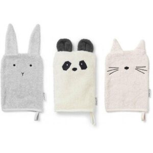 3 gants de toilette enfant panda lapin chat LIEWOOD
