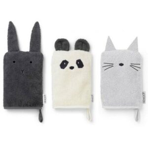 3 gants de toilette enfant panda lapin chat LIEWOOD