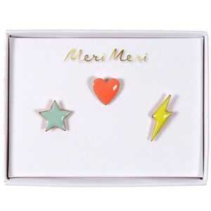 3 Pin's broches Coeur, Flash, Etoile MERI MERI coffret cadeau bijoux enfant