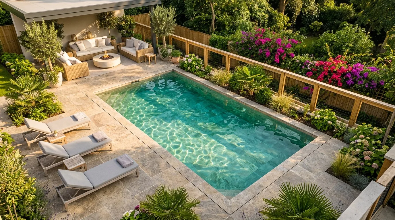 Piscine moderne entour&eacute;e de jardins fleuris et mobilier design