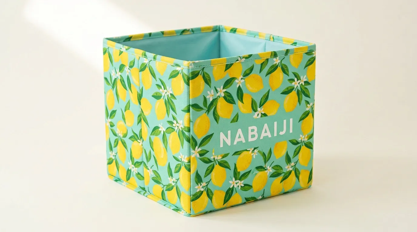 Panier carré turquoise avec motif citrons et feuilles vertes