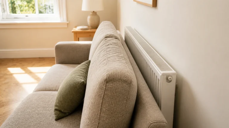 Un canapé en tissu calé juste devant le radiateur du salon retient la chaleur, alourdit la facture et peut abîmer le dossier