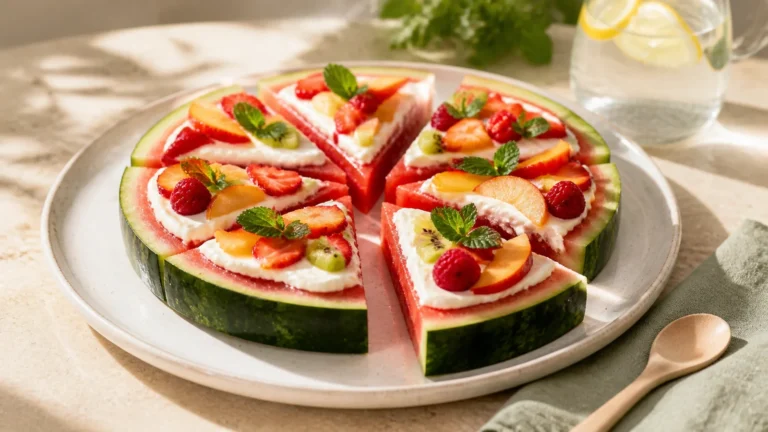 La pastèque coupée en cubes lasse tout le monde alors qu’une tranche façon pizza au yaourt et aux fruits frais change vraiment le dessert d’été