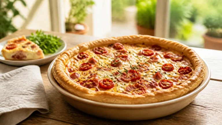 Cette tarte feuilletée aux tomates cerises, jambon blanc et fromage d’enfance se dore en 40 minutes et dépasse une quiche de traiteur