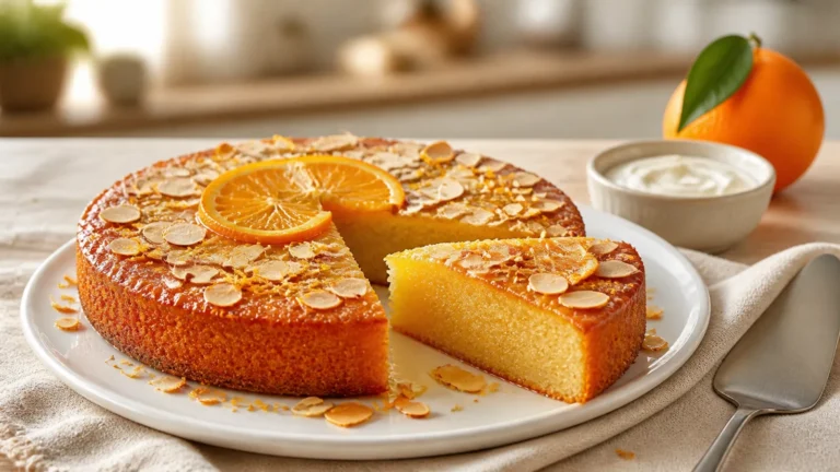 Ce gâteau de semoule à l&rsquo;orange se prépare sans beurre avec du lait et des amandes et sort du four plus fondant qu&rsquo;un gâteau de pâtissier